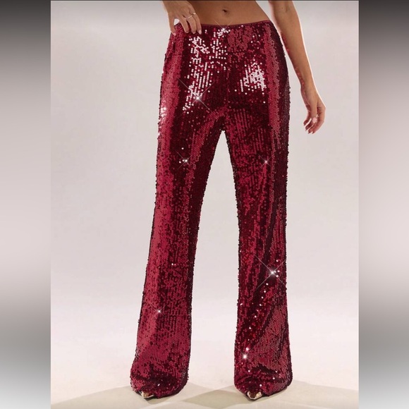 Women's Solid Red Sequin Flared Pants For Fall/Winter Perfect For Parties, - Picture 4 of 4